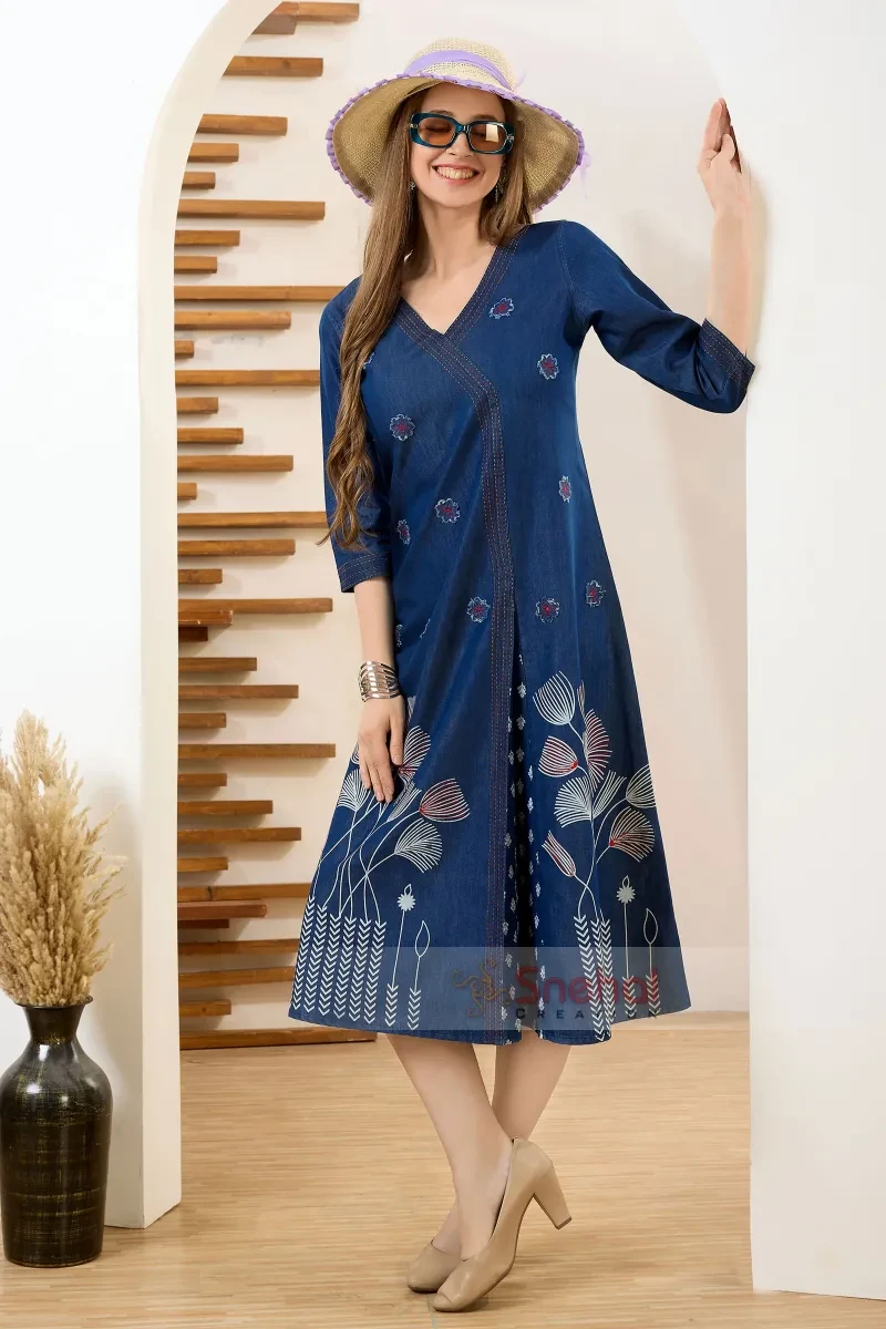Denim Designer Long Kurti Gorgeous Denim Blue V Neck A Line Indo Western Dress